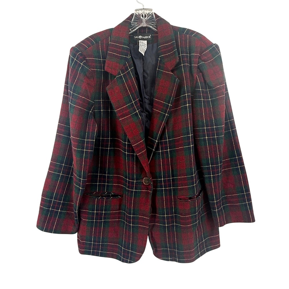 Sag Harbor Vintage Tartan Plaid Wool Blend Blazer Size 12 Dark Academia Festive